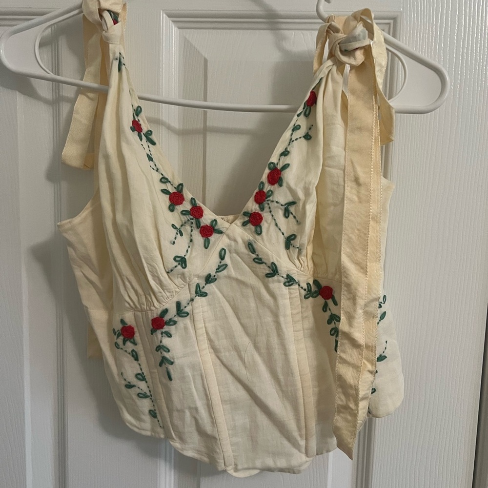 Embroidered Cream Top with Red Floral Accents